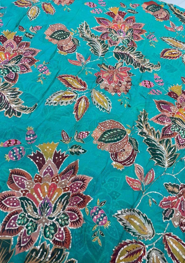 Teal Printed Organza Lehenga Set - Indya