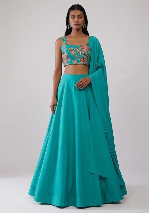 Teal Printed Organza Lehenga Set