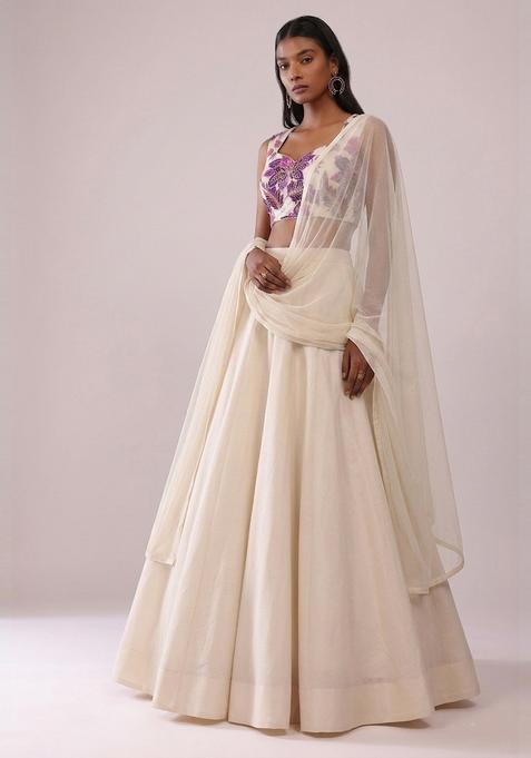 Off White Printed Organza Lehenga Set