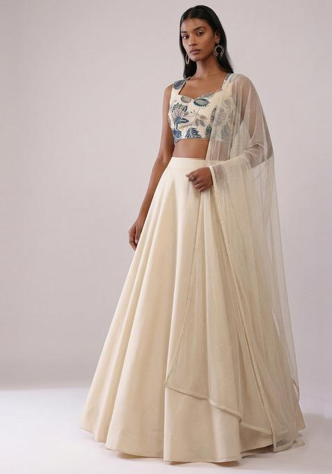 Off White Printed Organza Lehenga Set