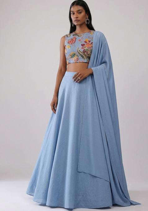 Powder Blue Printed Organza Lehenga Set