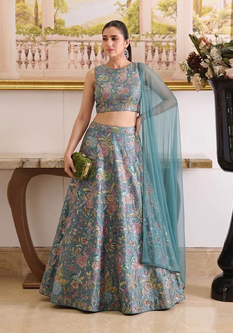 Dusty Blue Printed Crepe Lehenga Set
