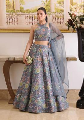 Steel Grey Printed Crepe Lehenga Set