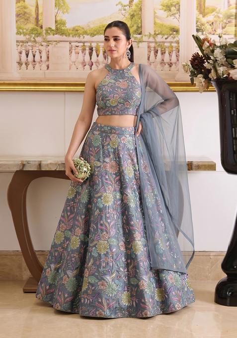 Steel Grey Printed Crepe Lehenga Set