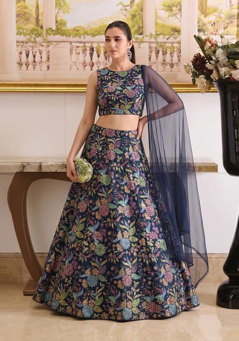 Navy Blue Printed Crepe Lehenga Set