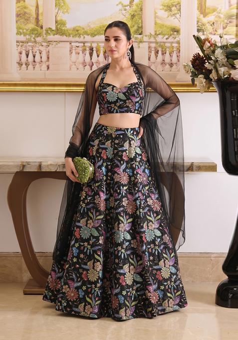 Black Printed Crepe Lehenga Set