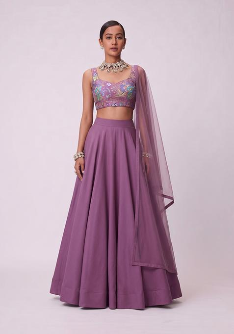 Mauve Printed Chinon Lehenga Set