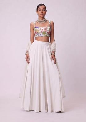 White Printed Chinon Lehenga Set