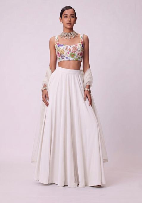 White Printed Chinon Lehenga Set