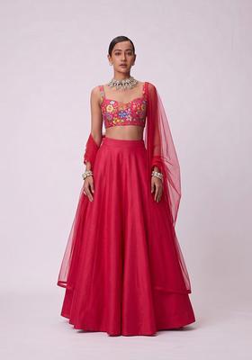 Red Printed Chinon Lehenga Set
