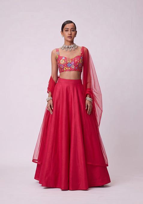 Red Printed Chinon Lehenga Set