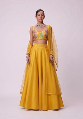 Mustard Printed Chinon Lehenga Set