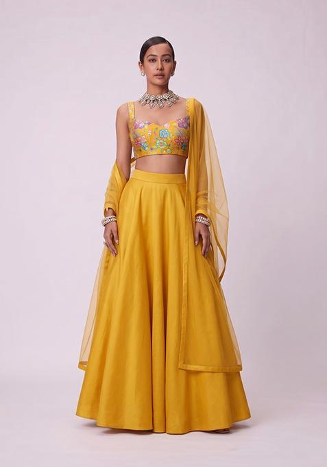 Mustard Printed Chinon Lehenga Set
