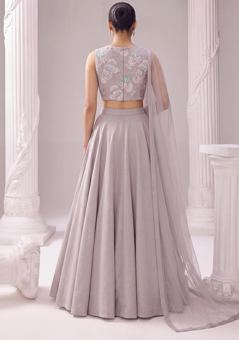 Dusty Mauve Embroidered Net Lehenga Set - Indya
