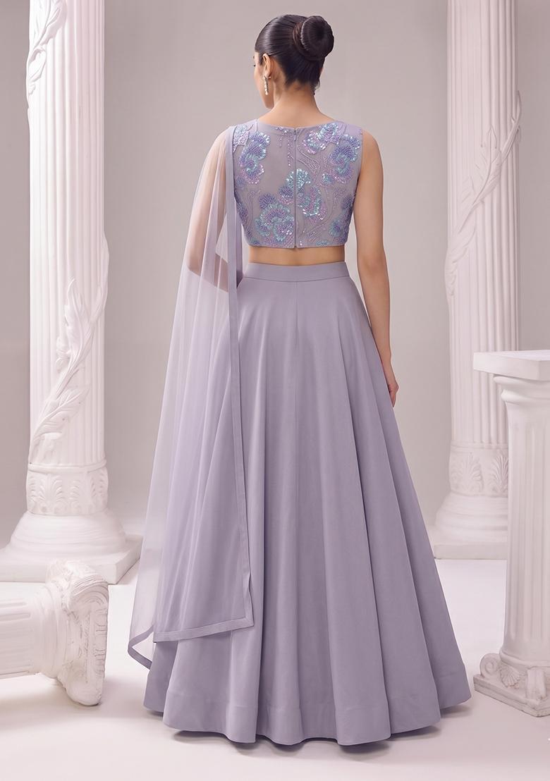 Lavender Embroidered Net Lehenga Set - Indya