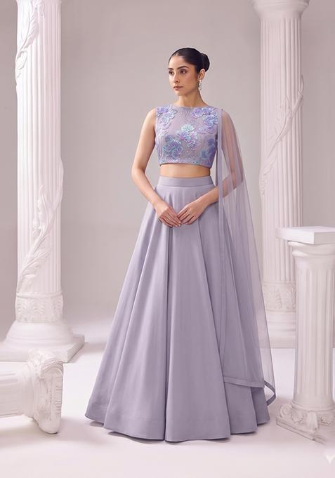Lavender Embroidered Net Lehenga Set