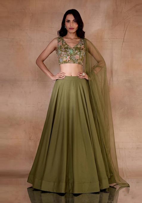 Olive Green Printed Crepe Lehenga Set
