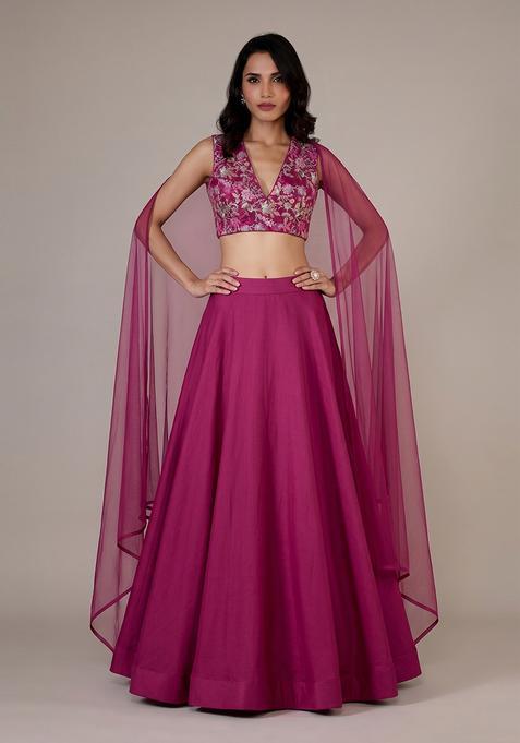 Purple Printed Crepe Lehenga Set