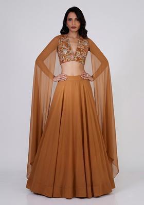 Brown Printed Crepe Lehenga Set