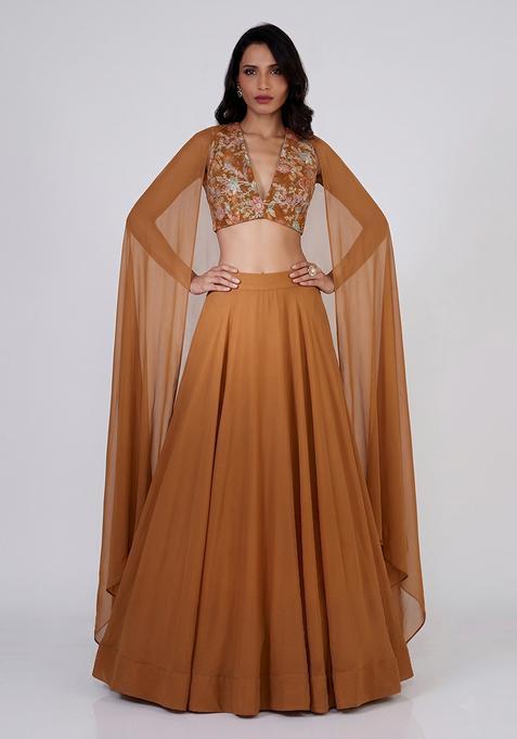 Brown Printed Crepe Lehenga Set