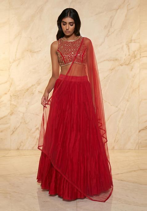 Bright Red Embroidered Handwork Lehenga Set