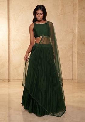 Bottle Green Embroidered Handwork Lehenga Set