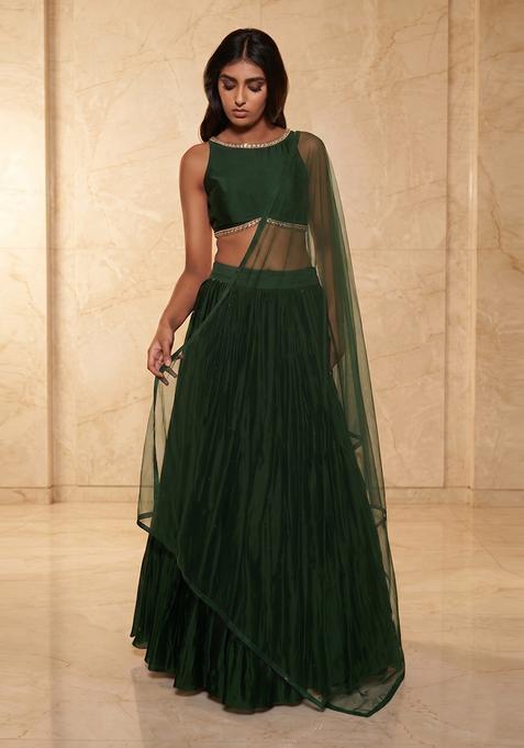 Bottle Green Embroidered Handwork Lehenga Set