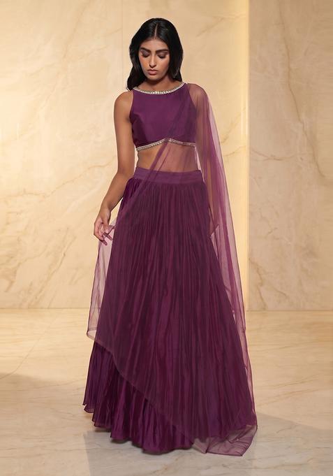 Plum Purple Embroidered Handwork Lehenga Set
