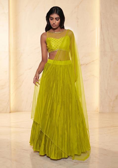 Lime Green Embroidered Handwork Lehenga Set