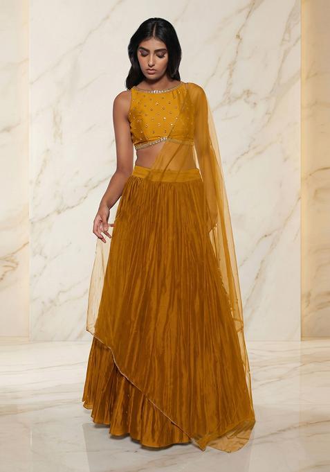 Mustard Embroidered Handwork Lehenga Set