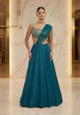 Teal Blue Embroidered Handwork Lehenga Set