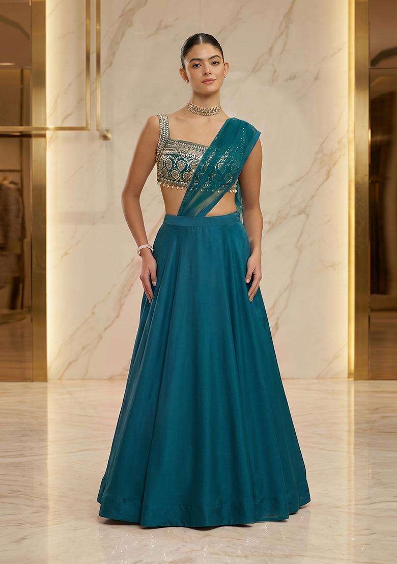 Teal Blue Embroidered Handwork Lehenga Set - Indya