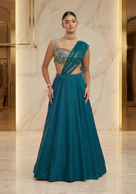Teal Blue Embroidered Handwork Lehenga Set