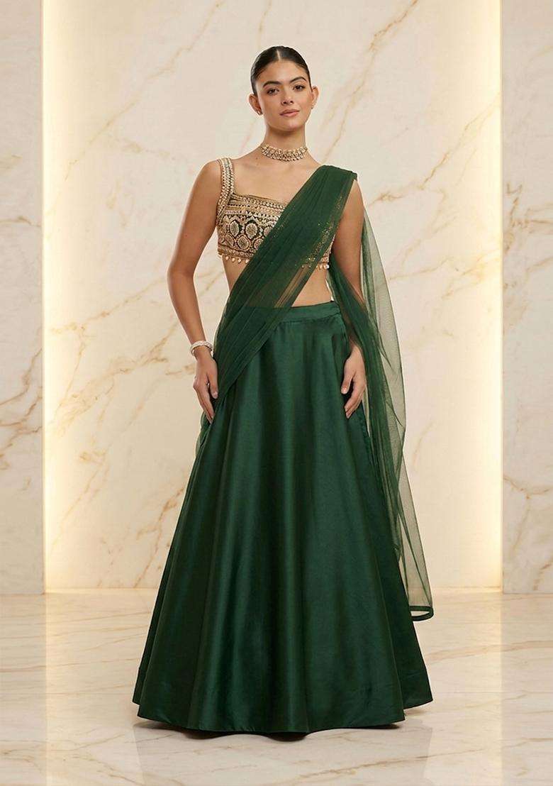 Dark Green Embroidered Handwork Lehenga Set - Indya