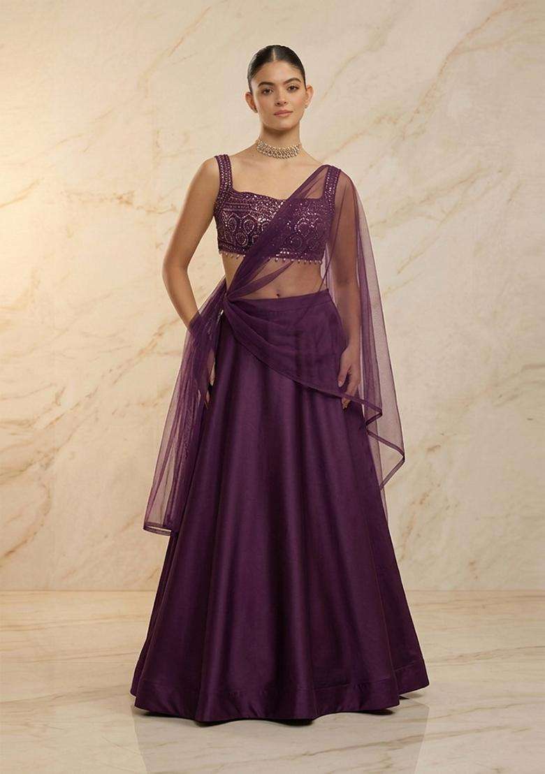 Deep Purple Embroidered Handwork Lehenga Set - Indya