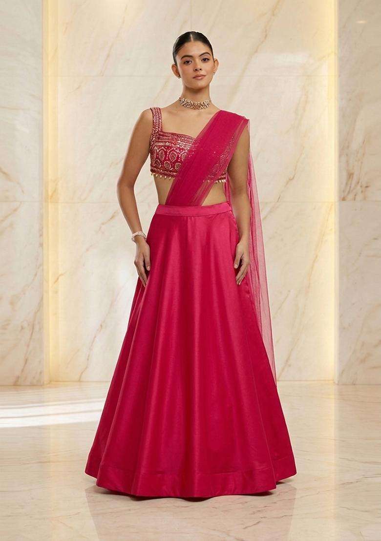 Rani Pink Embroidered Handwork Lehenga Set - Indya