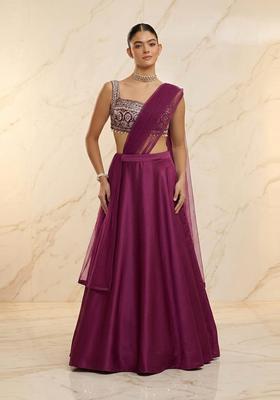 Wine Embroidered Handwork Lehenga Set