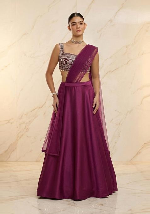 Wine Embroidered Handwork Lehenga Set