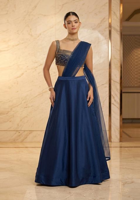 Navy Blue Embroidered Handwork Lehenga Set