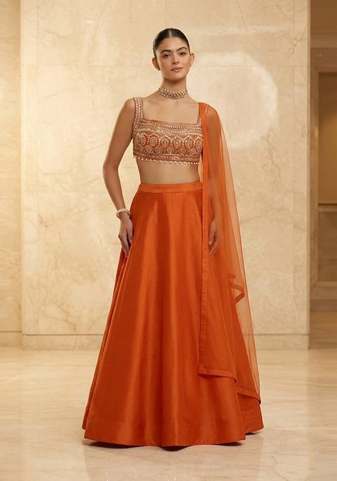 Rust Orange Embroidered Handwork Lehenga Set