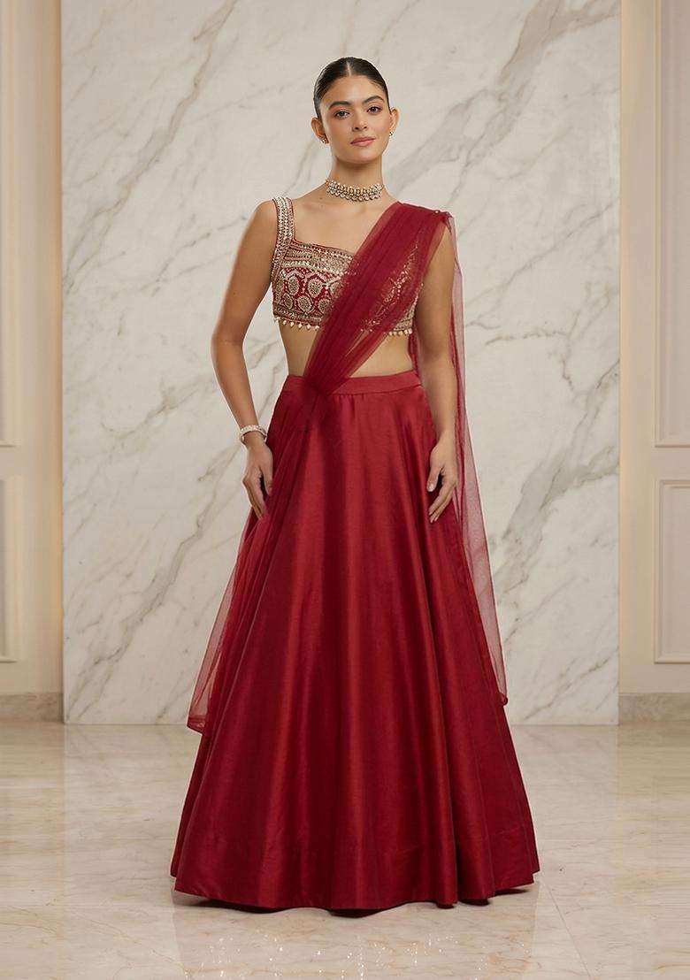 Crimson Red Embroidered Handwork Lehenga Set - Indya