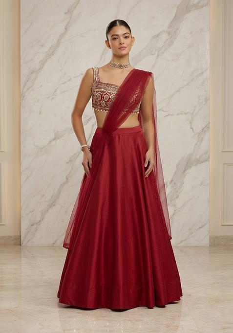 Crimson Red Embroidered Handwork Lehenga Set