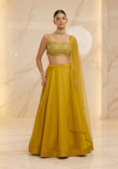Lime Yellow Embroidered Handwork Lehenga Set