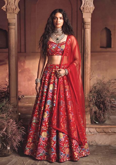 Deep Red Printed Crepe Lehenga Set