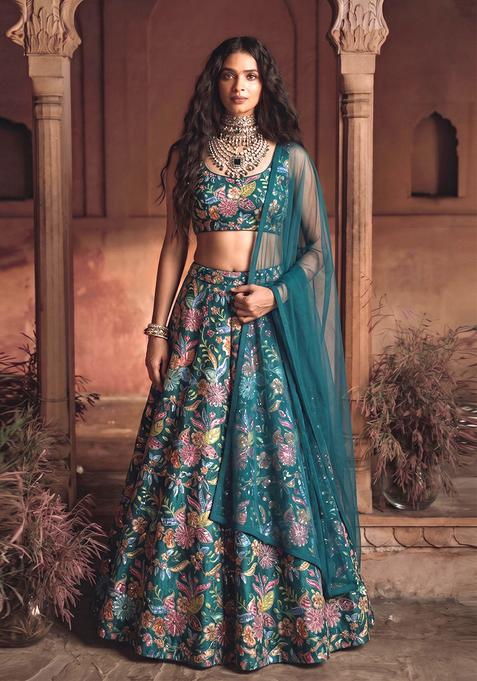 Bottle Green Printed Crepe Lehenga Set