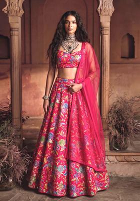 Rani Pink Printed Crepe Lehenga Set