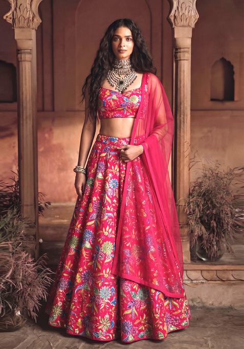 Rani Pink Printed Crepe Lehenga Set