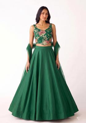 Emerald Green Embroidered Organza Lehenga Set