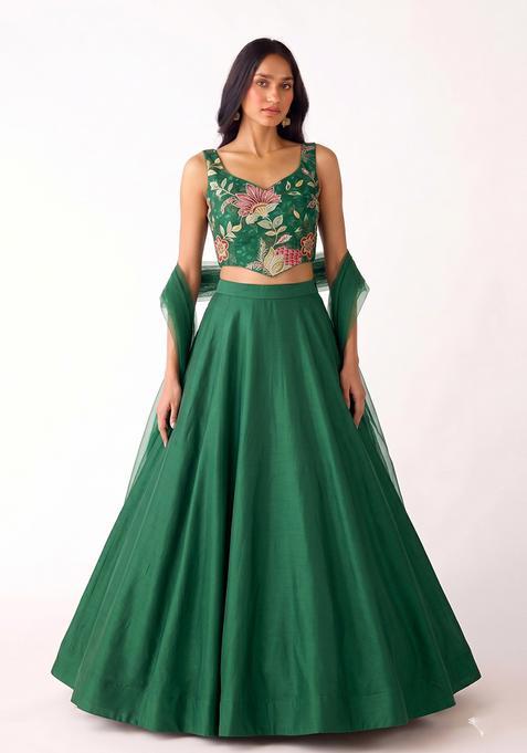 Emerald Green Embroidered Organza Lehenga Set