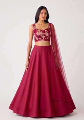 Deep Maroon Embroidered Organza Lehenga Set